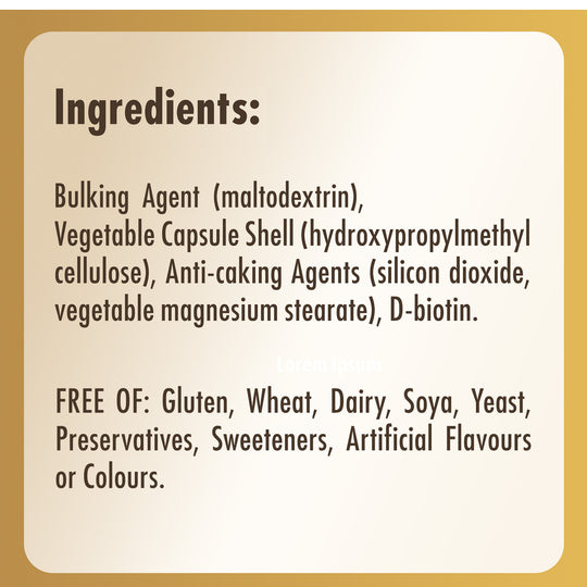 Ingredients list label for a Solgar Biotin supplement bottle