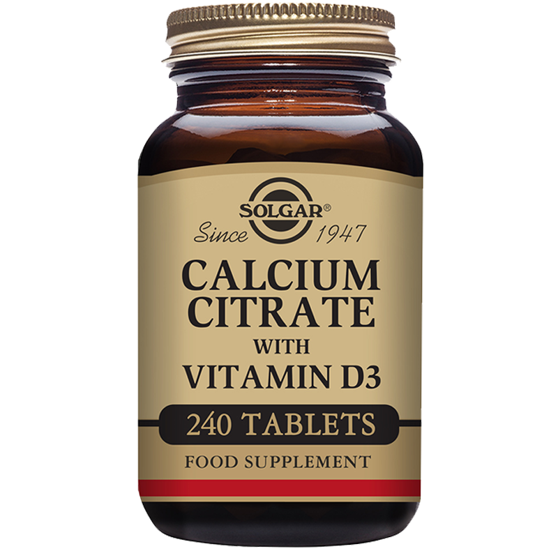 Solgar Calcium Citrate with Vitamin D3 Tablets in a glass jar with a gold lid