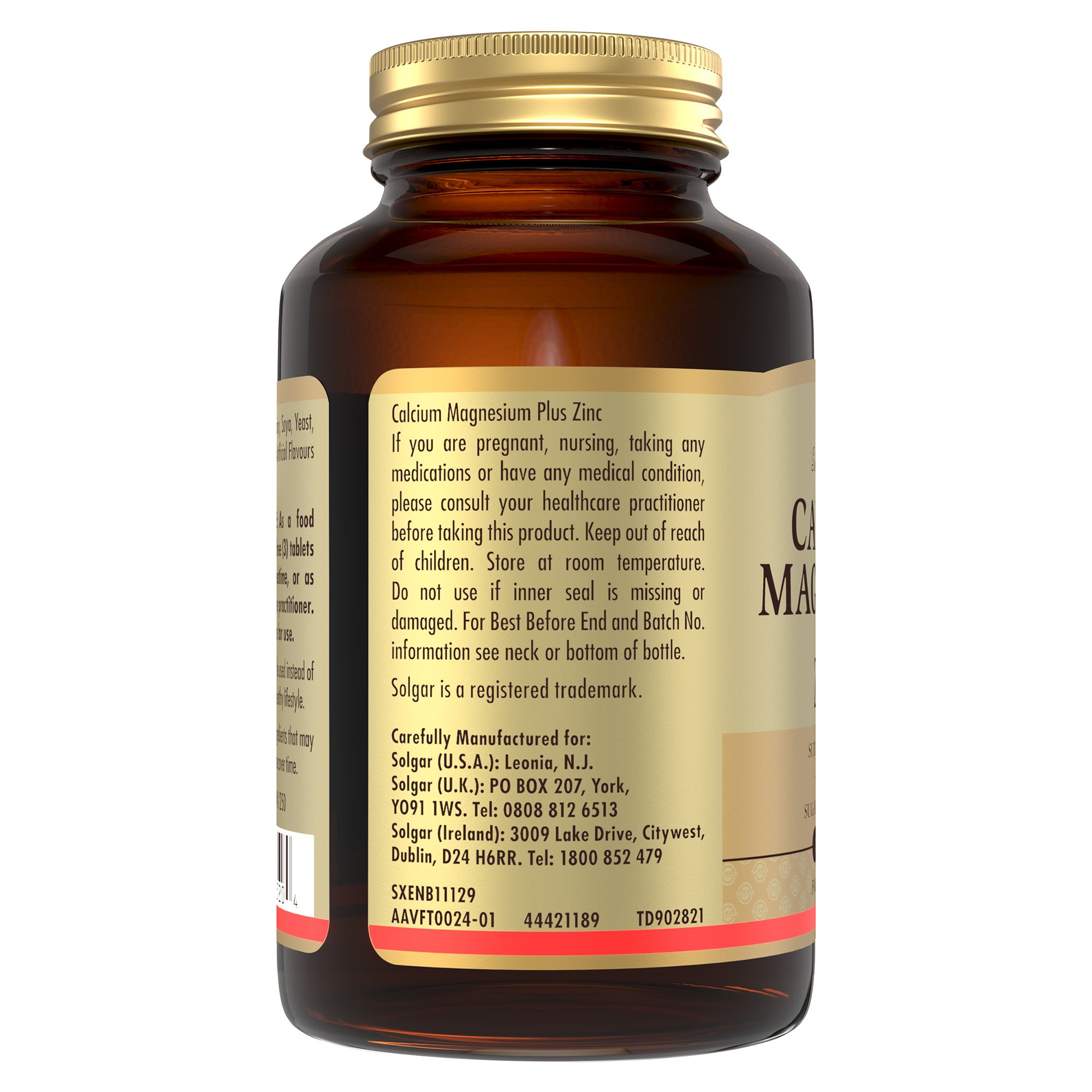 Side view of a Solgar Calcium Magnesium Plus Zinc supplement bottle containing product information