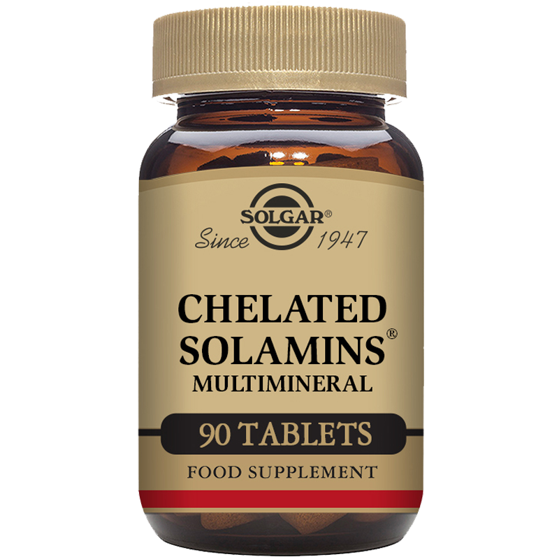 A glass bottle of 90 Solgar Chelated Solamins Multimineral Tablets with a gold lid