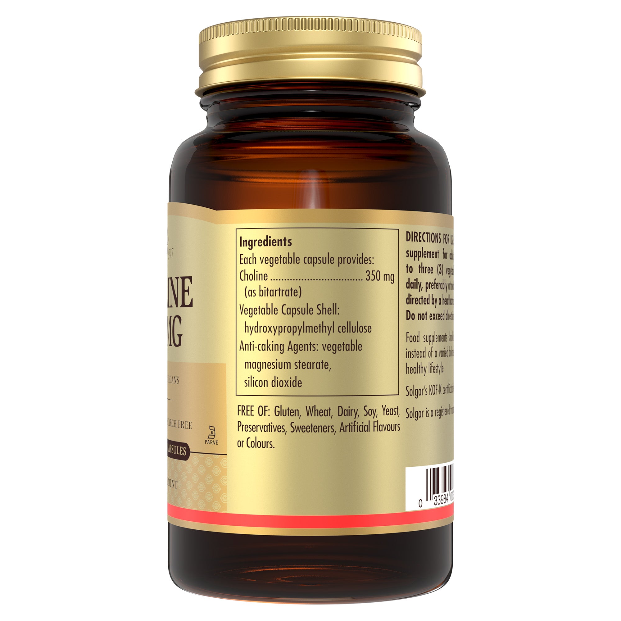 Ingredients list on a bottle of Solgar Choline 350 MG capsules