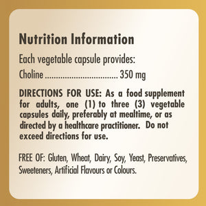 Nutrition information label for a bottle of Solgar Choline 350 MG capsules