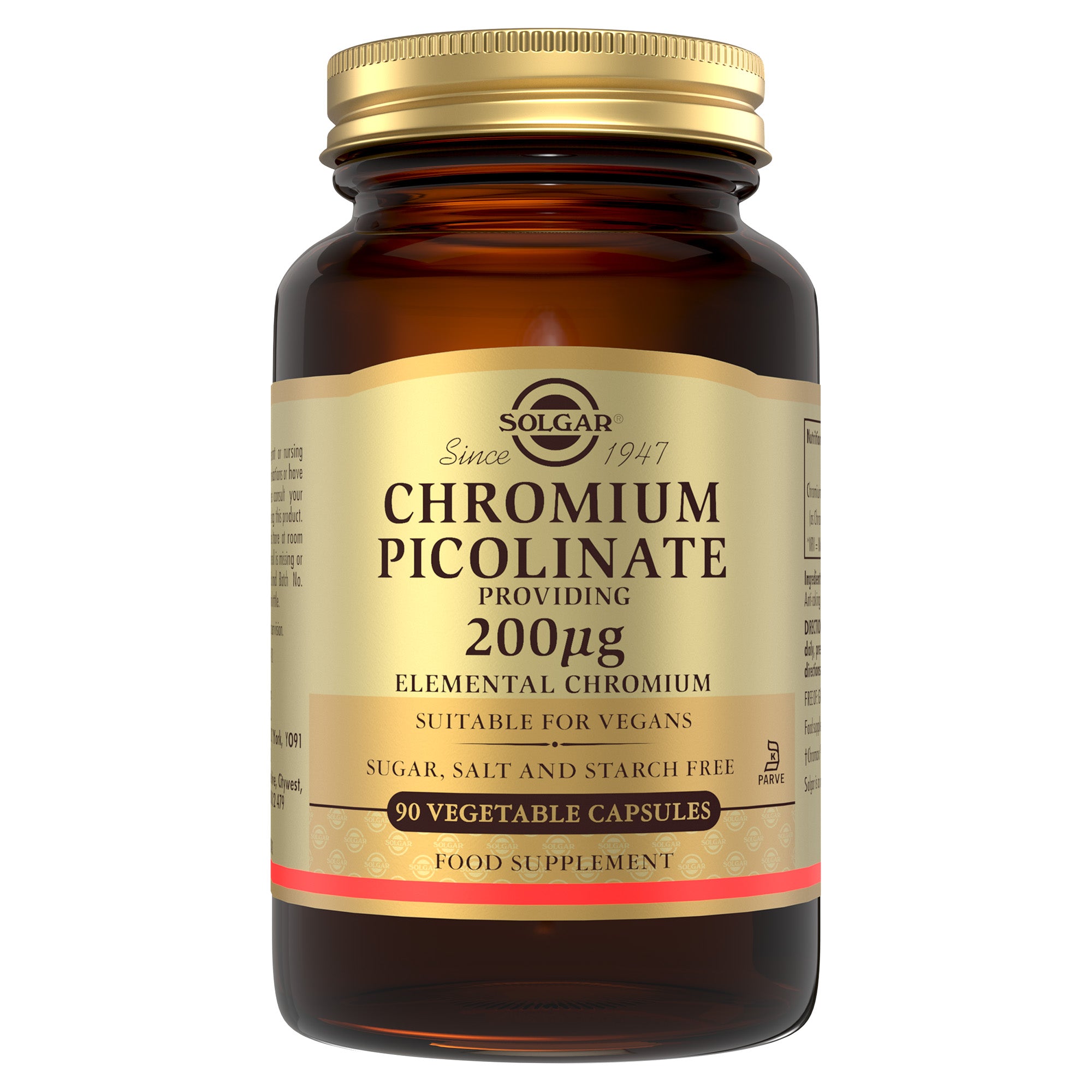 Solgar Chromium Picolinate supplements in a glass bottle with a gold lid