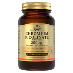 Solgar Chromium Picolinate supplements in a glass bottle with a gold lid