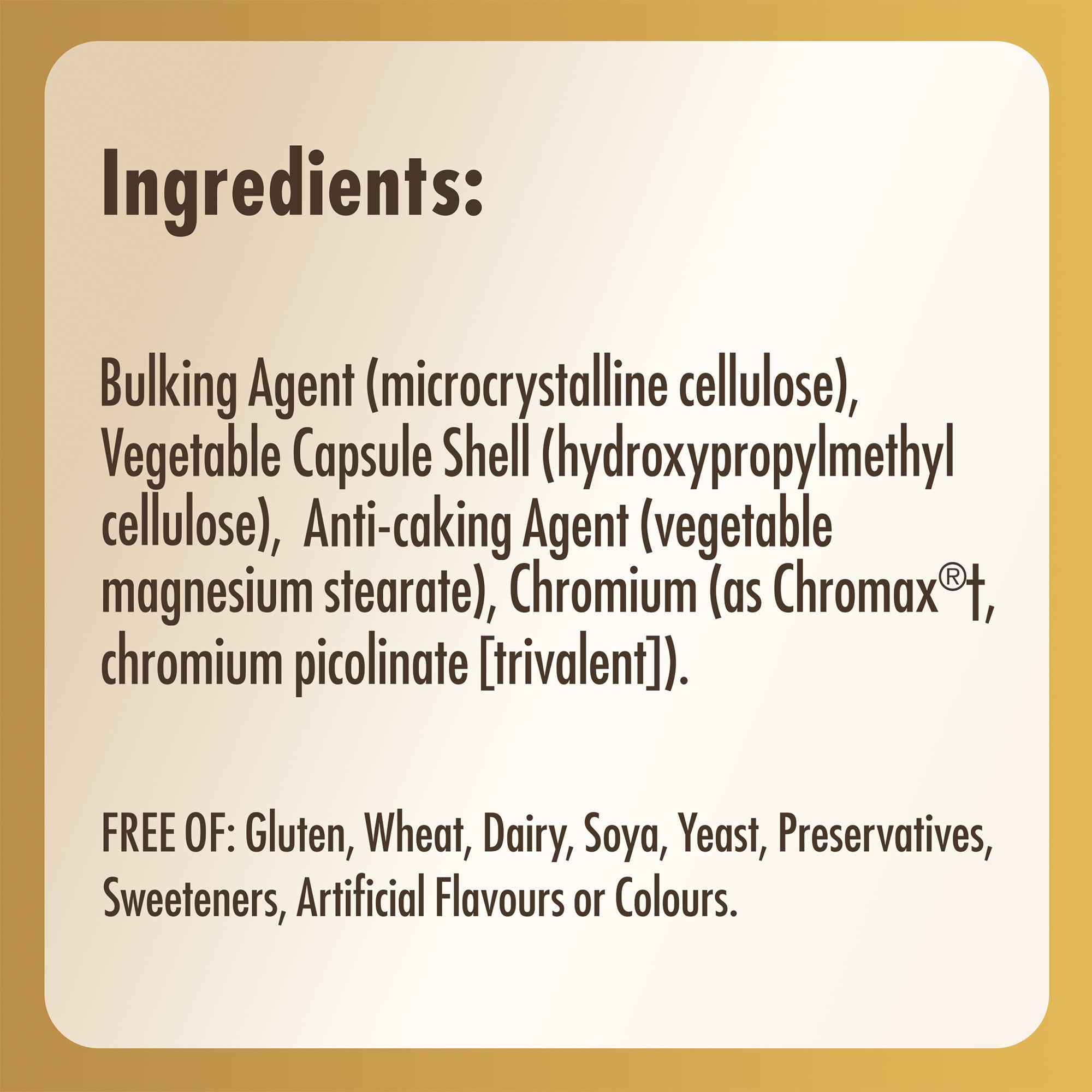 List of ingredients label for a bottle of Solgar Chromium Picolinate supplements