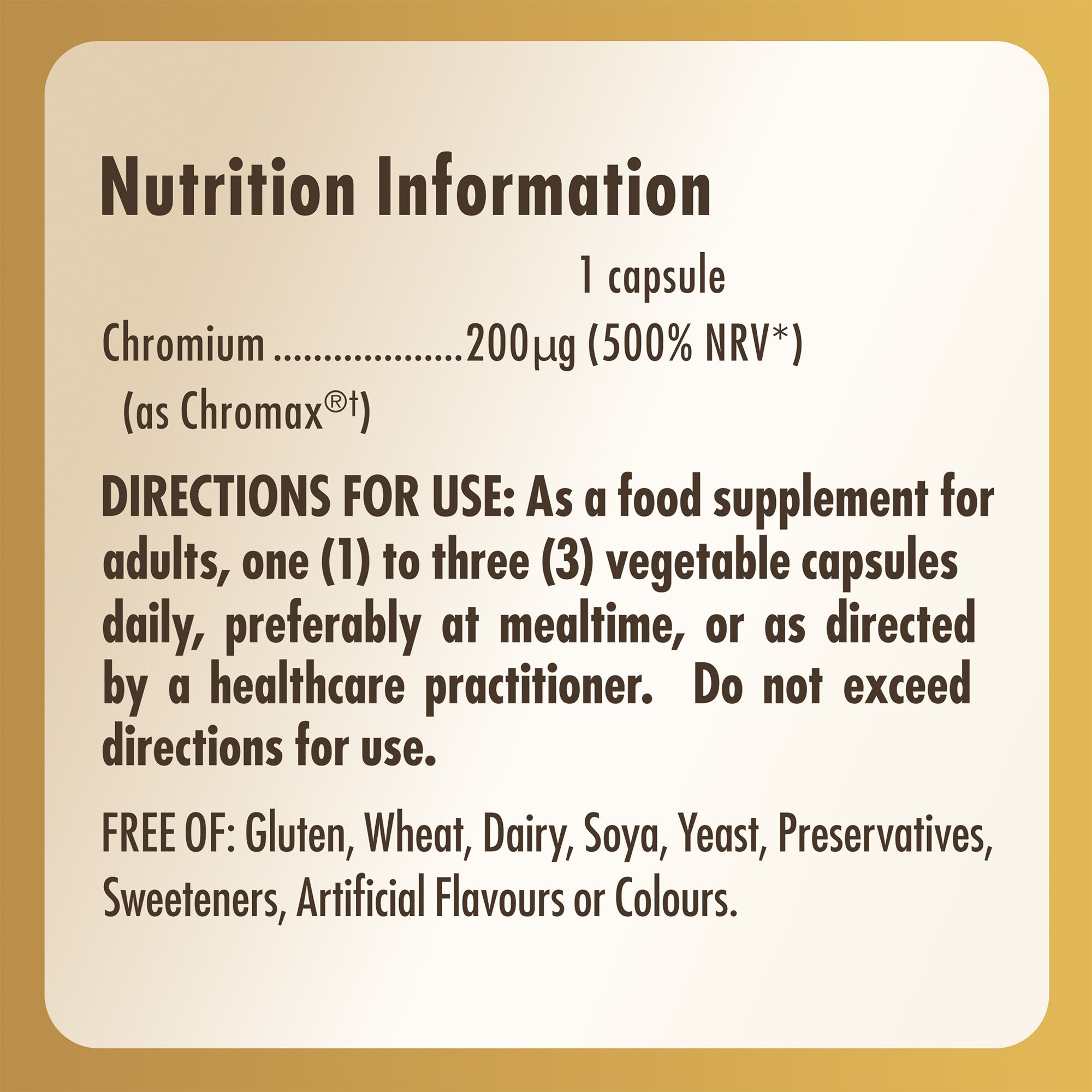 Nutrition information label for a bottle of Solgar Chromium Picolinate supplements