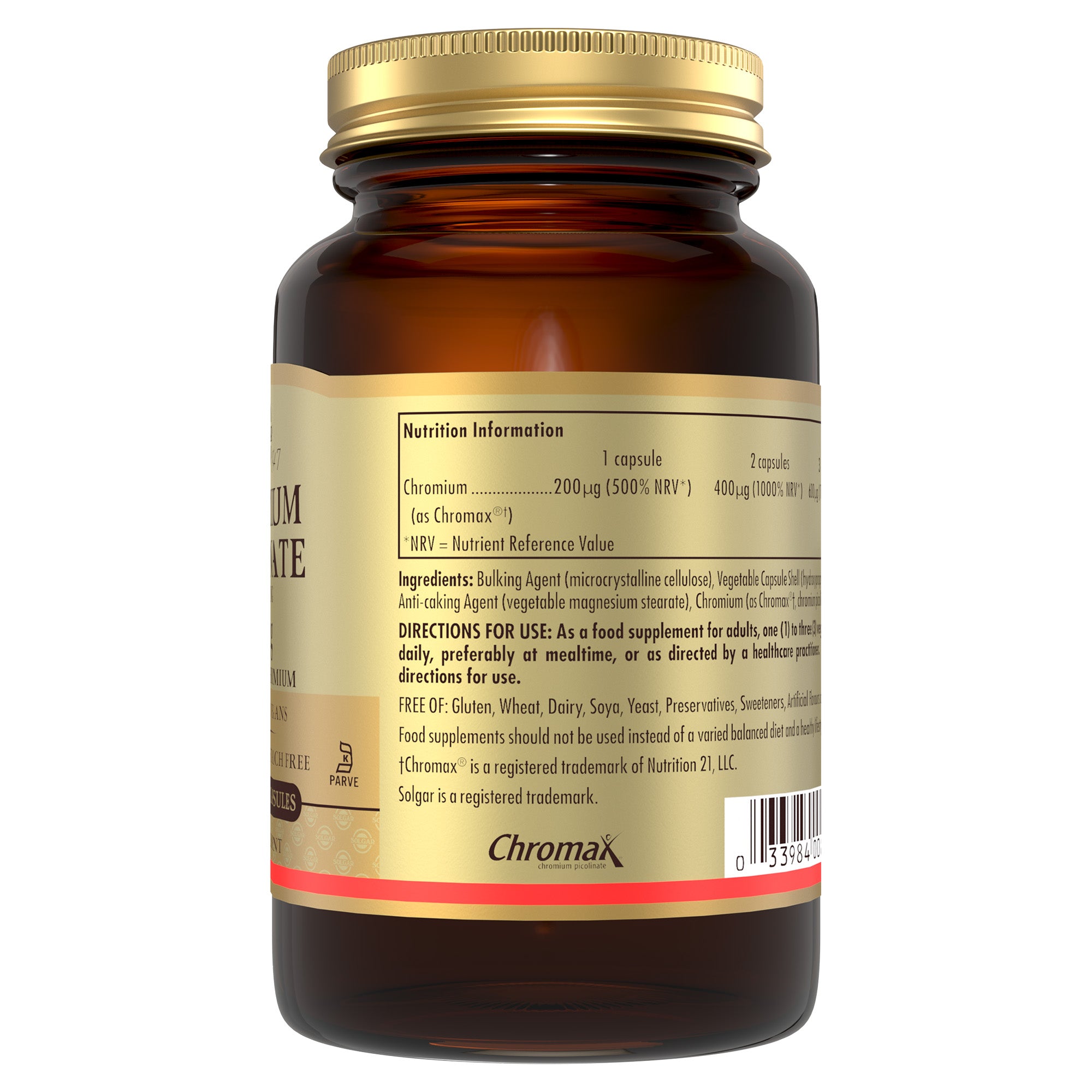 Nutrition information label on a bottle of Solgar Chromium Picolinate supplements