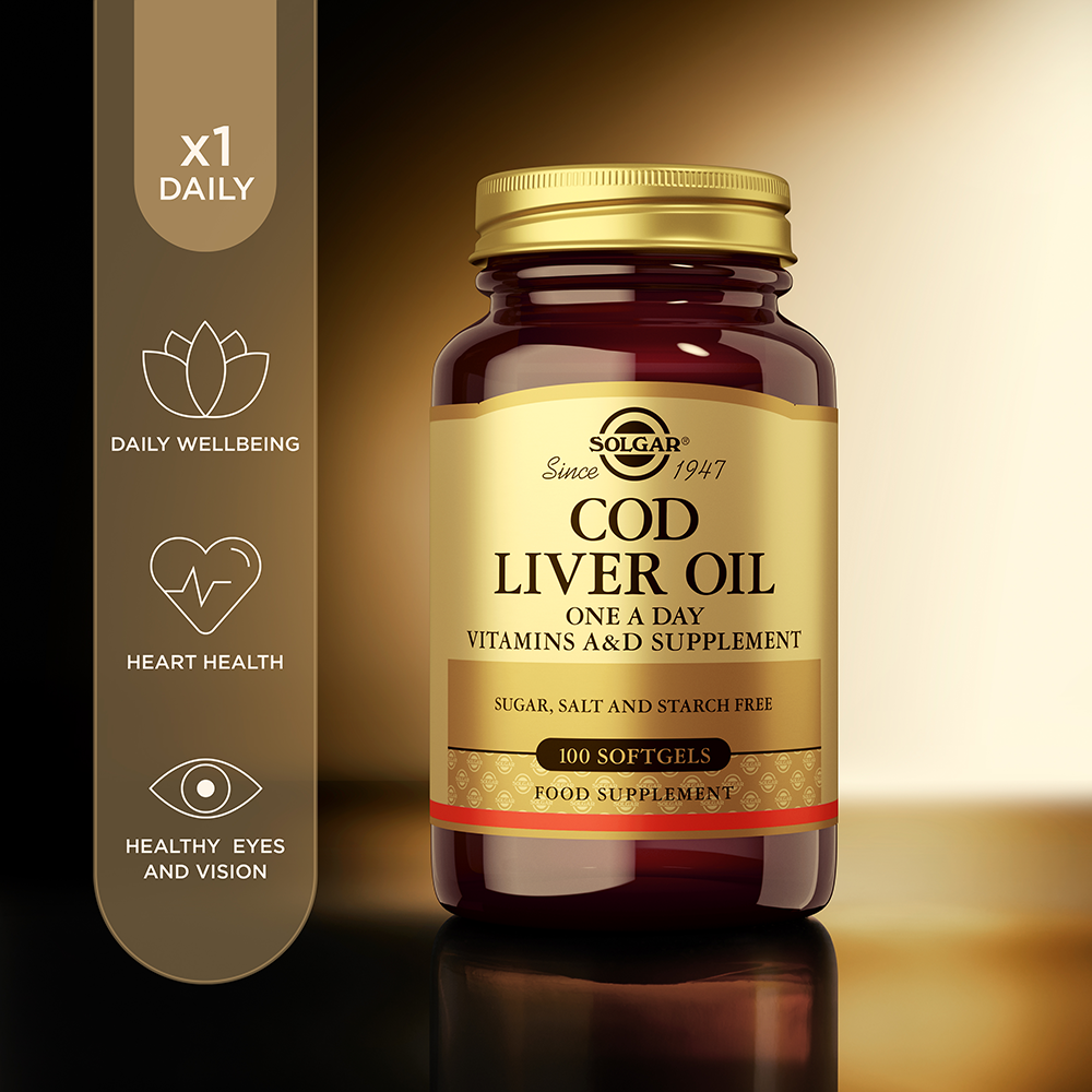 Solgar cod liver oil softgels in a glass bottle with some product information beside