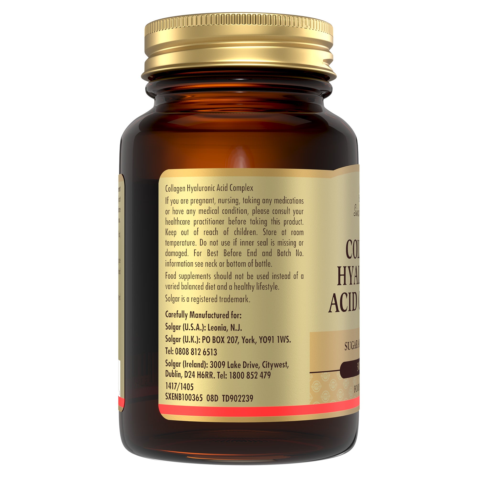 Side view of a glass bottle of Solgar Collagen Hyaluronic Acid Complex supplements