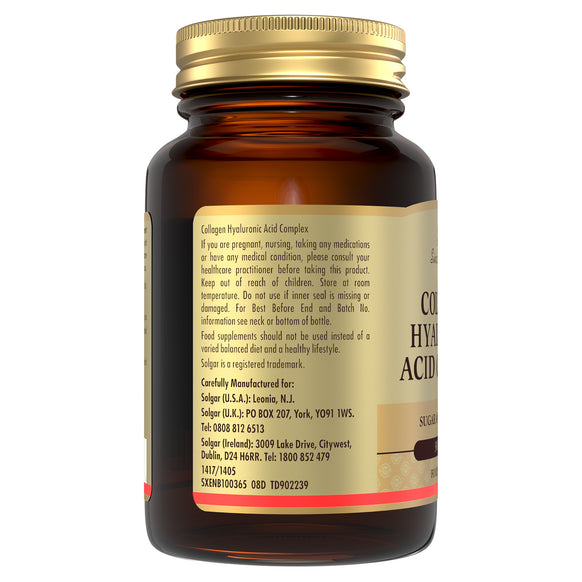 Side view of a glass bottle of Solgar Collagen Hyaluronic Acid Complex supplements