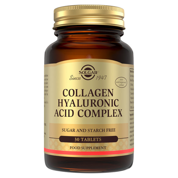 Solgar Collagen Hyaluronic Acid Complex supplements in a glass bottle with a gold lid