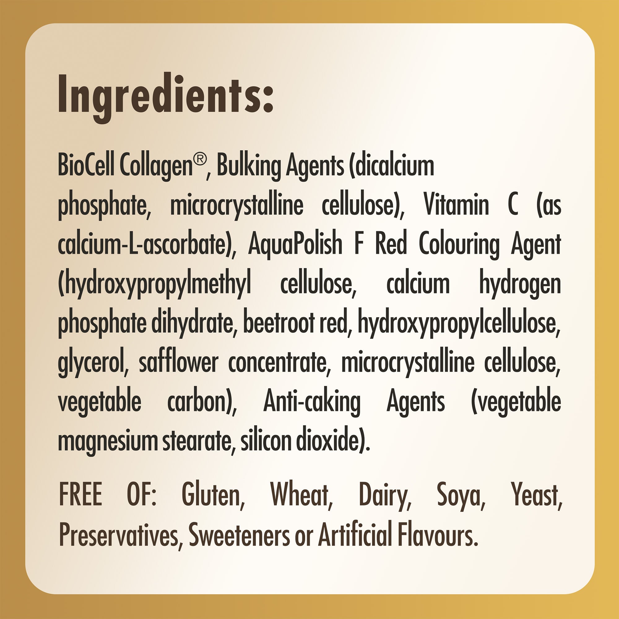 Ingredients list label for a bottle of Solgar Collagen Hyaluronic Acid Complex supplements