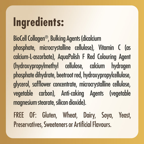 Ingredients list label for a bottle of Solgar Collagen Hyaluronic Acid Complex supplements