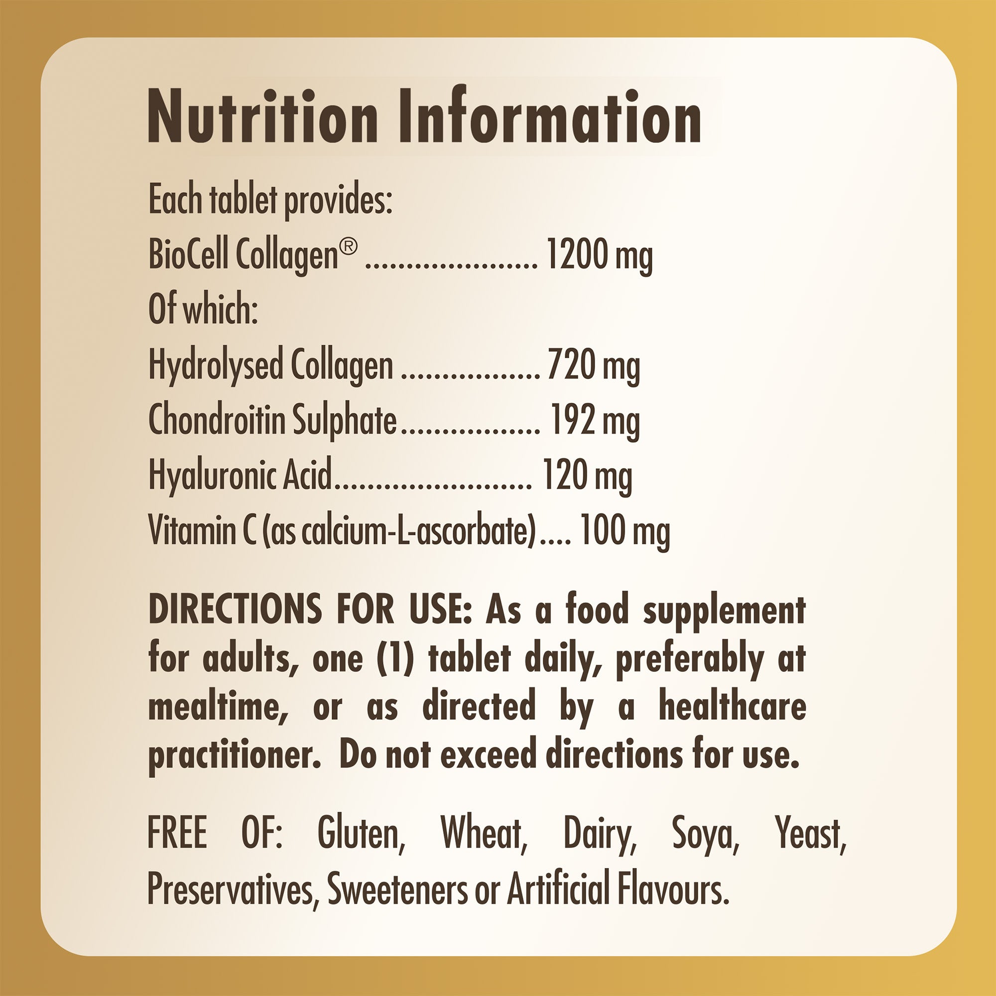 Nutrition information label for a bottle of Solgar Collagen Hyaluronic Acid Complex supplements