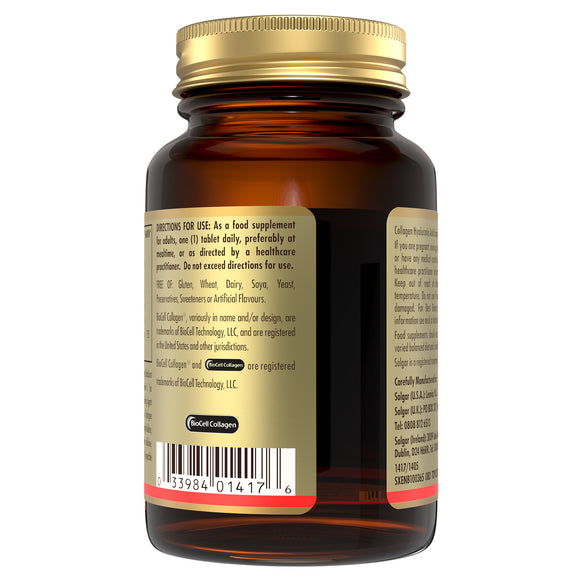 Side view of a bottle of Solgar Collagen Hyaluronic Acid Complex supplements containing product information