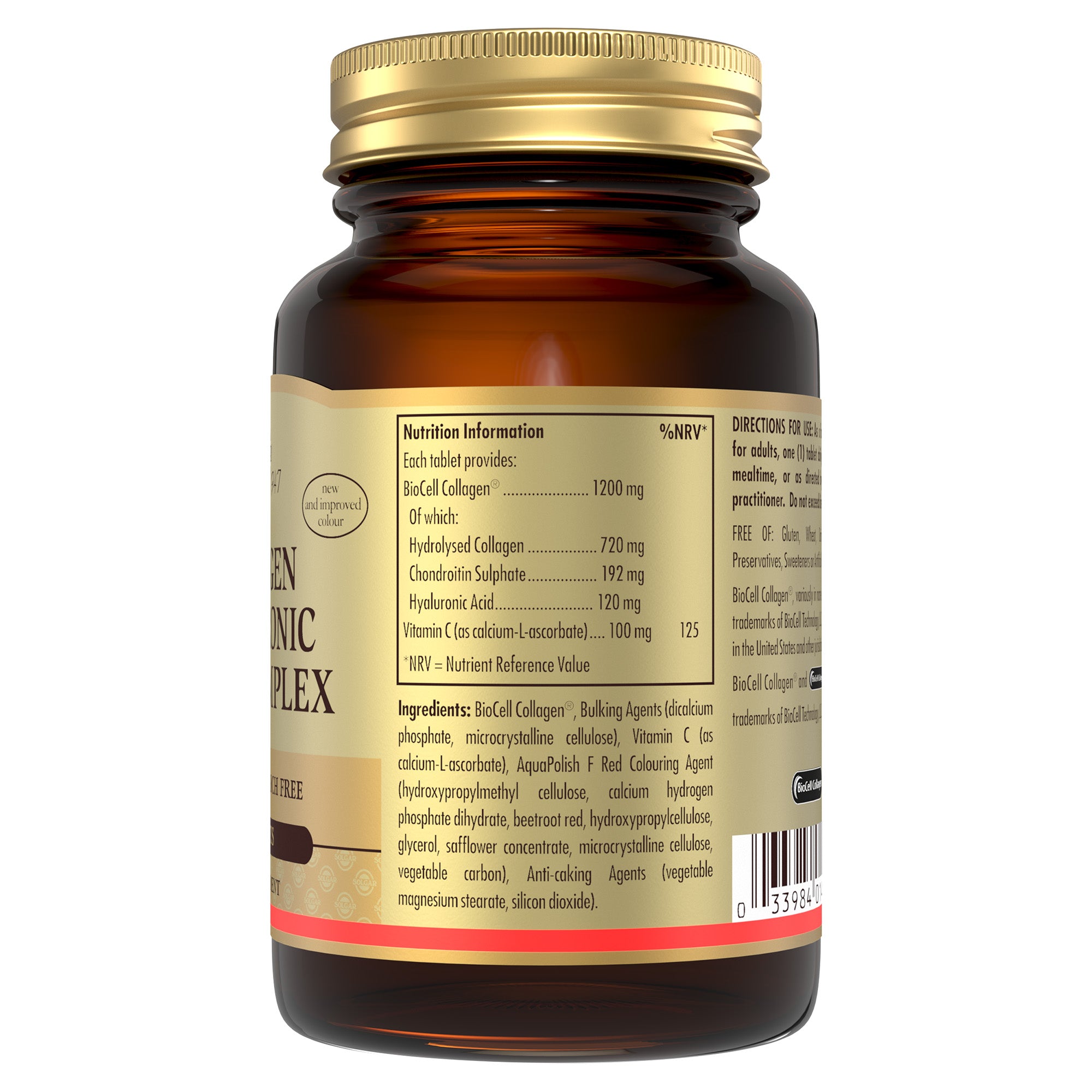 Nutrition information label on a bottle of Solgar Collagen Hyaluronic Acid Complex supplements