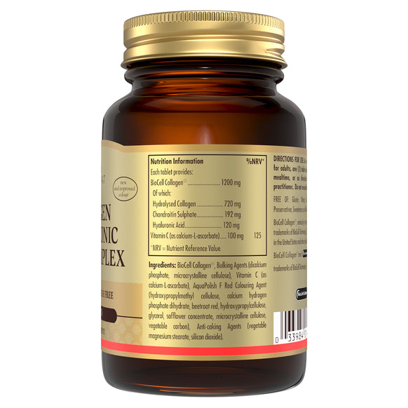 Nutrition information label on a bottle of Solgar Collagen Hyaluronic Acid Complex supplements
