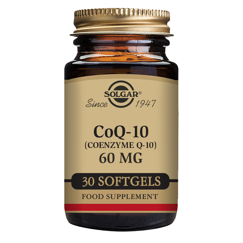 Solgar CoQ-10 60 mg softgels in a glass bottle with a gold lid