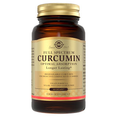 Solgar Full Spectrum Curcumin capsules in a glass bottle with a gold lid