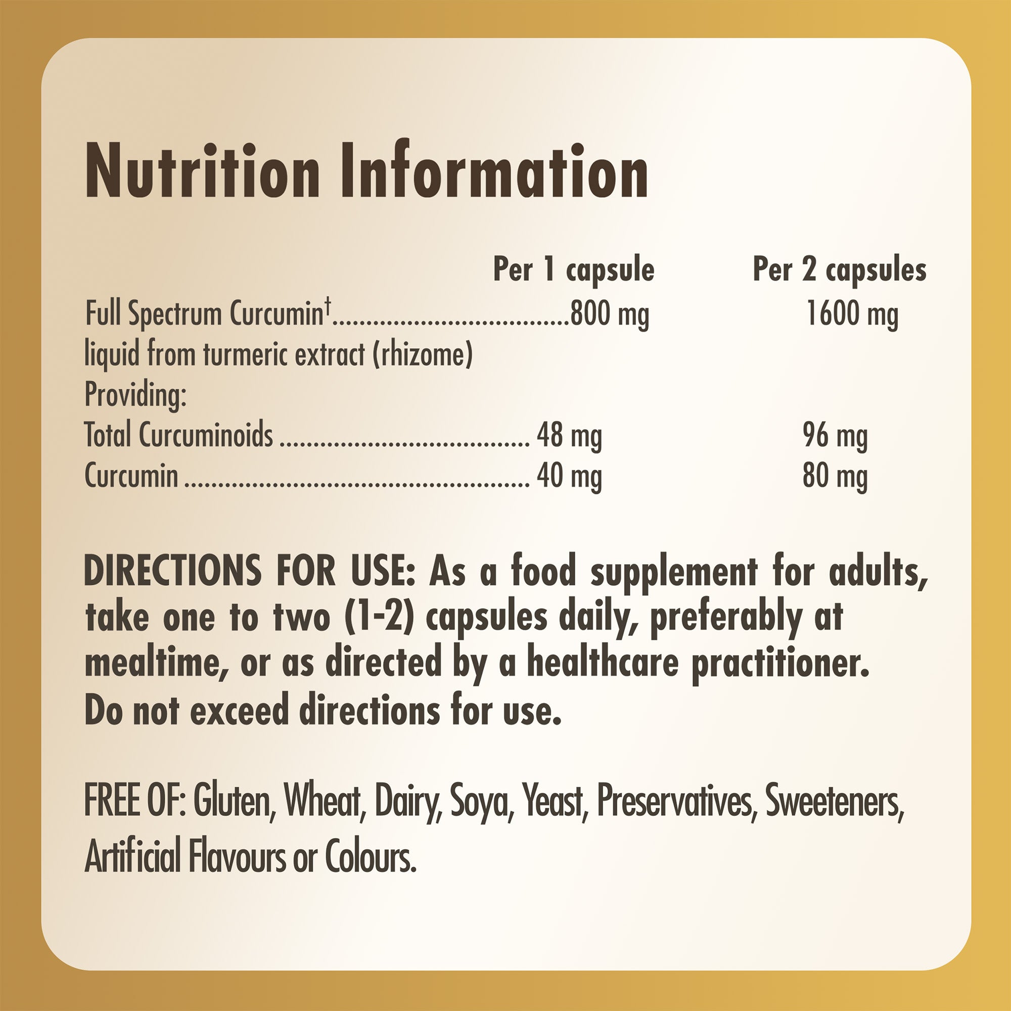 Nutrition information label for a Solgar Full Spectrum Curcumin capsule bottle