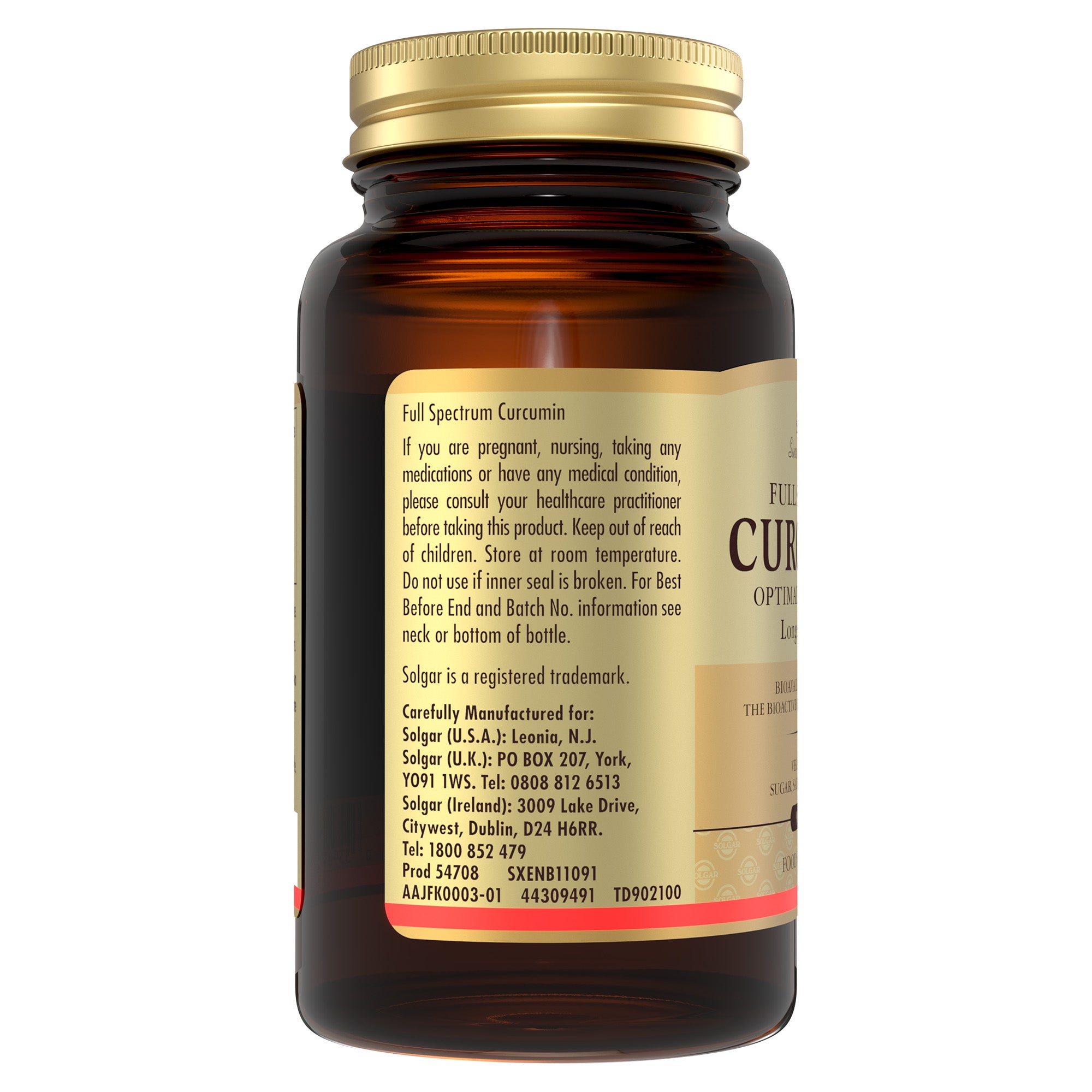 Side view of a Solgar Full Spectrum Curcumin capsule bottle