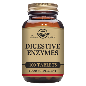 Solgar Digestive Enzymes Tablets in a glass bottle with a gold lid