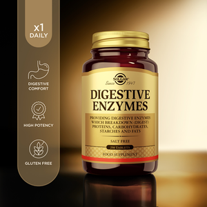 Solgar Digestive Enzymes Tablets in a glass bottle next to some product information