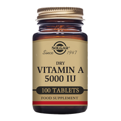 xGlass bottle of Solgar Dry Vitamin A 5000 IU supplements with a gold lid