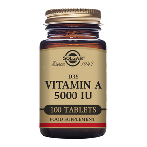 xGlass bottle of Solgar Dry Vitamin A 5000 IU supplements with a gold lid