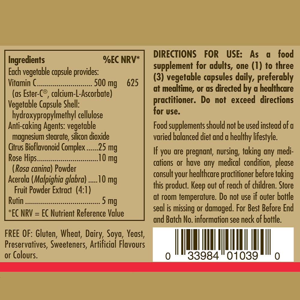 Product information label for Solgar Ester-C Plus 500 mg Vitamin C supplements