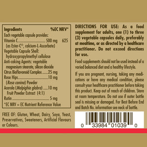 Product information label for Solgar Ester-C Plus 500 mg Vitamin C supplements