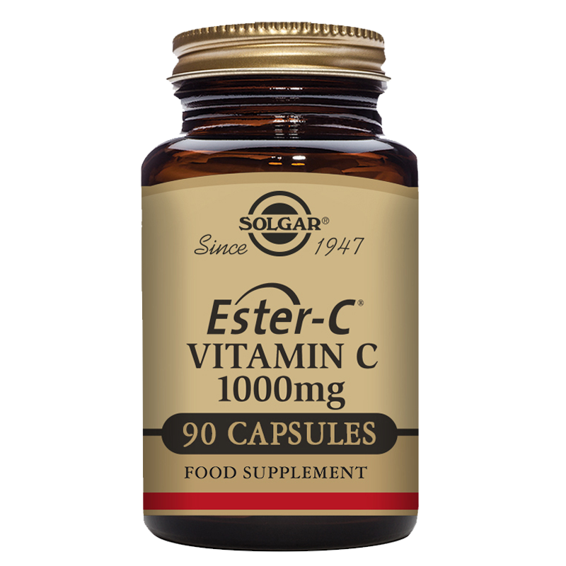 A bottle of Solgar Ester-C Vitamin C 1000 mg capsules with a gold lid 