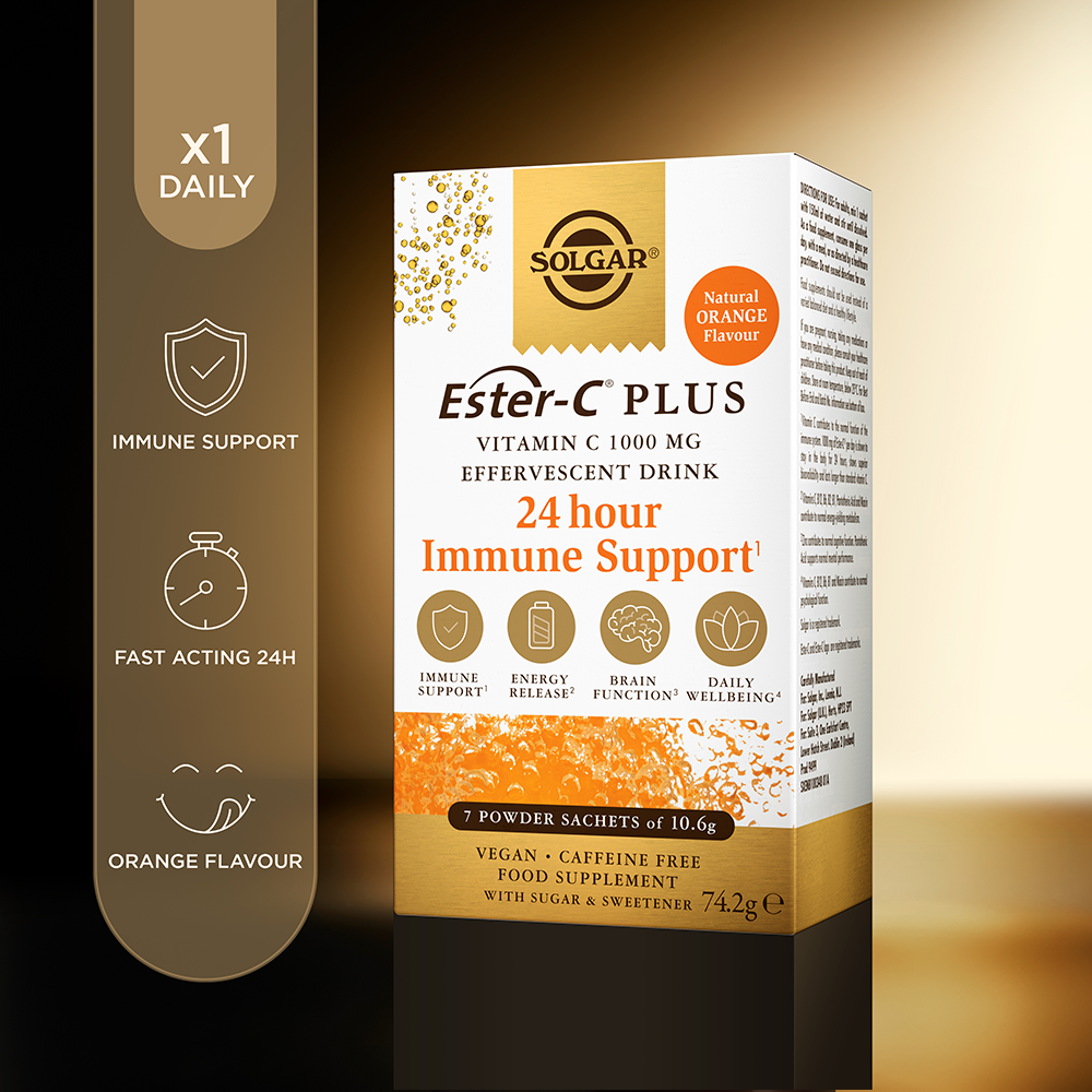 Packaging of Solgar Ester-C Plus Effervescent Powder Sachets emphasizing 24-hour immune support and vegan attributes
