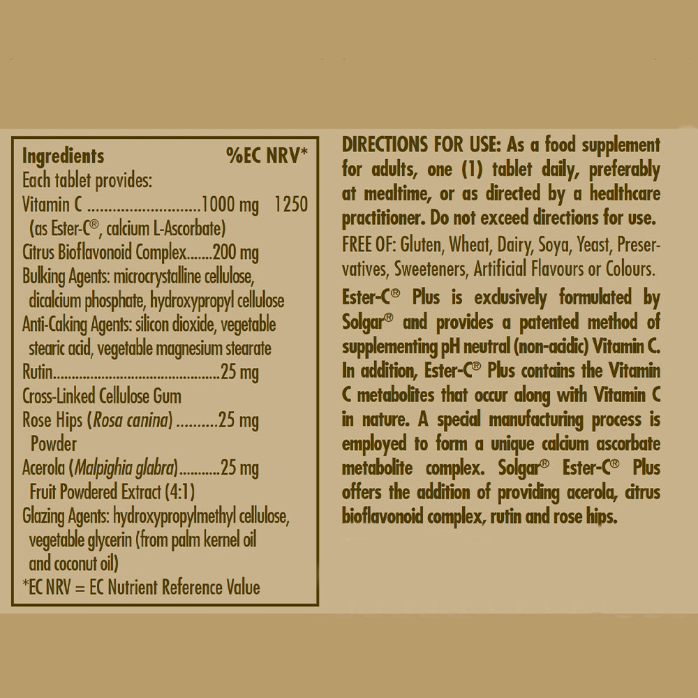 Solgar ester c vitamin c tablets ingredients list and nutrition information