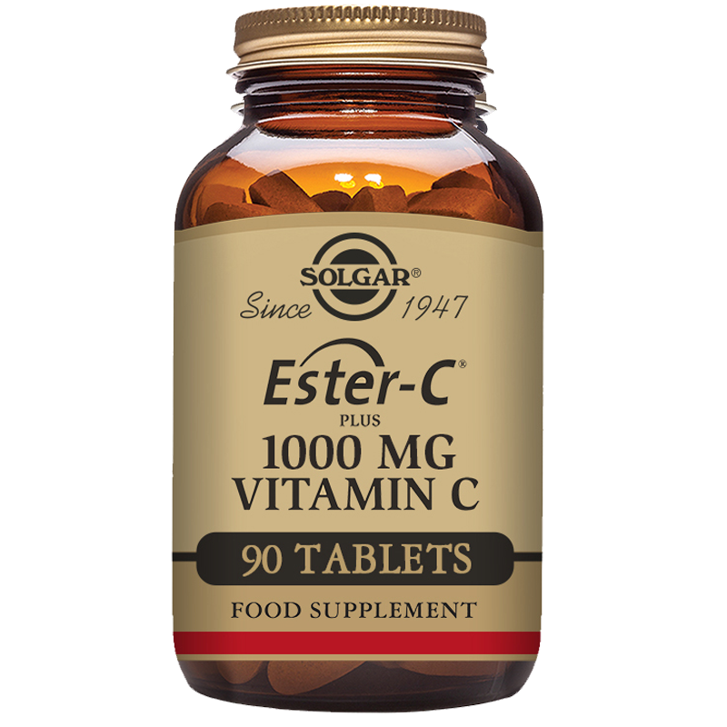 Solgar ester c vitamin c tablets in a glass jar