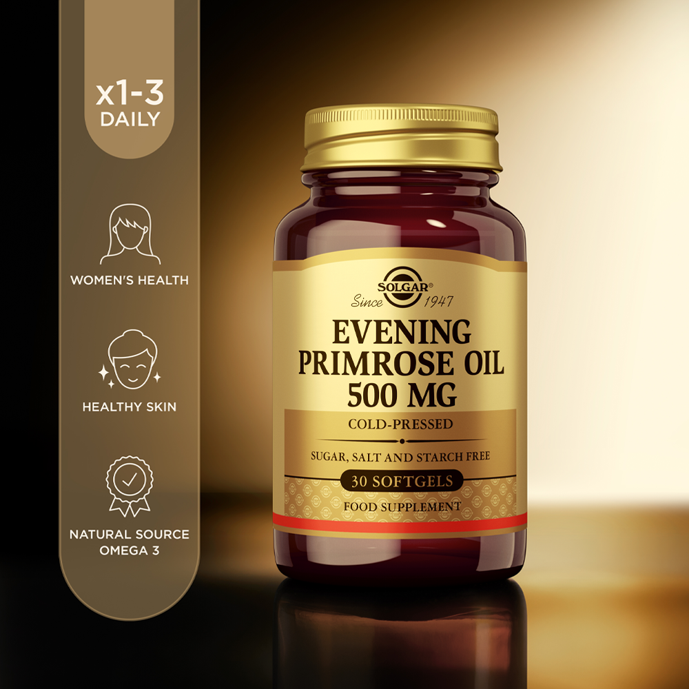 Solgar Evening Primrose Oil 500 mg Softgels in a glass jar alongside some product information