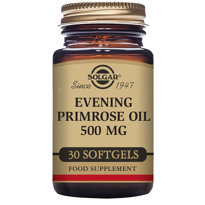 Solgar Evening Primrose Oil 500 mg Softgels in a glass jar