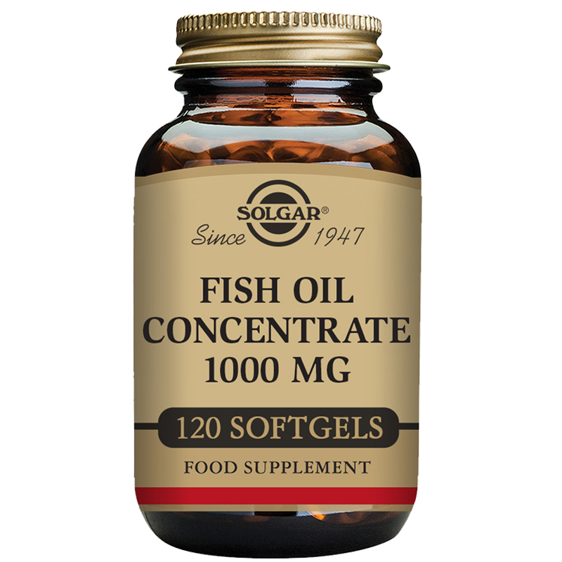 A glass bottle of Solgar Fish Oil Concentrate with 1000 mg of EPA and DHA per softgel