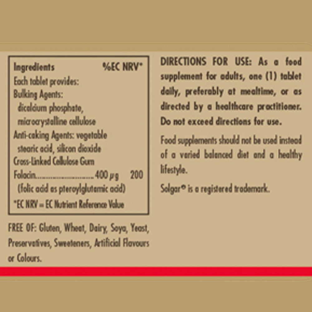 Ingredients list for the Solgar Folacin (folic acid) tablets
