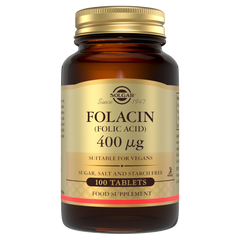 Solgar Folacin (folic acid) tablets in a glass bottle with a gold lid