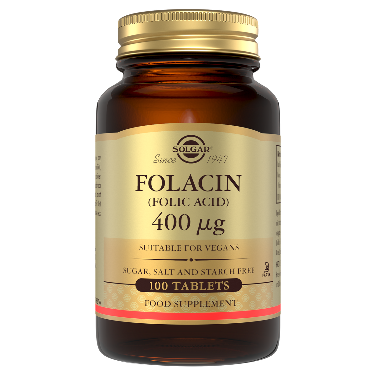 Solgar Folacin (folic acid) tablets in a glass bottle with a gold lid