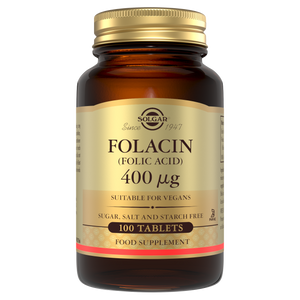 Solgar Folacin (folic acid) tablets in a glass bottle with a gold lid