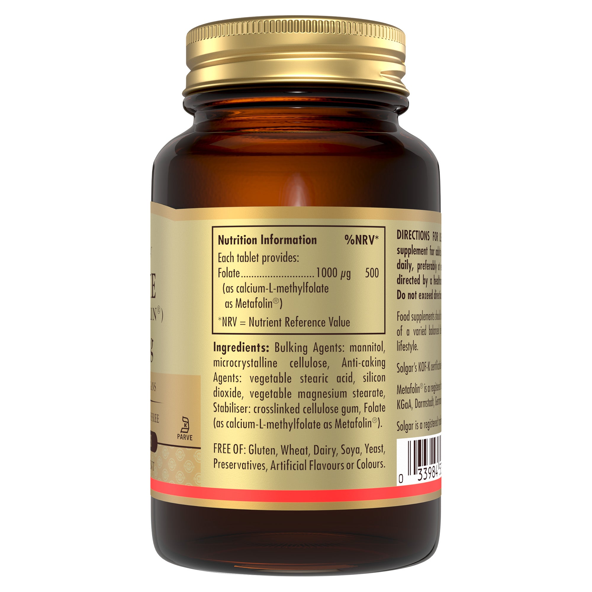 Nutrition information label on a Solgar Folate supplement glass bottle