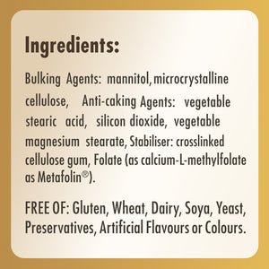 Ingredients list label for a Solgar Folate supplement bottle