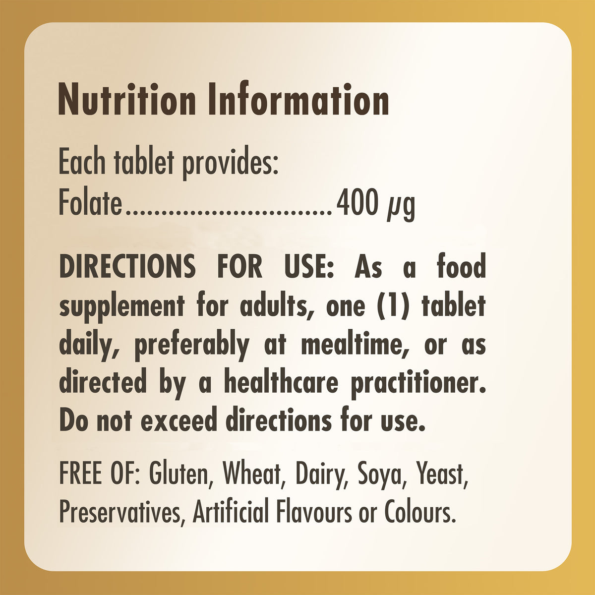 Nutrition information label for a bottle of Solgar Folate 400ug supplements