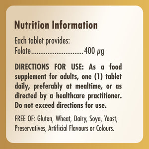 Nutrition information label for a bottle of Solgar Folate 400ug supplements