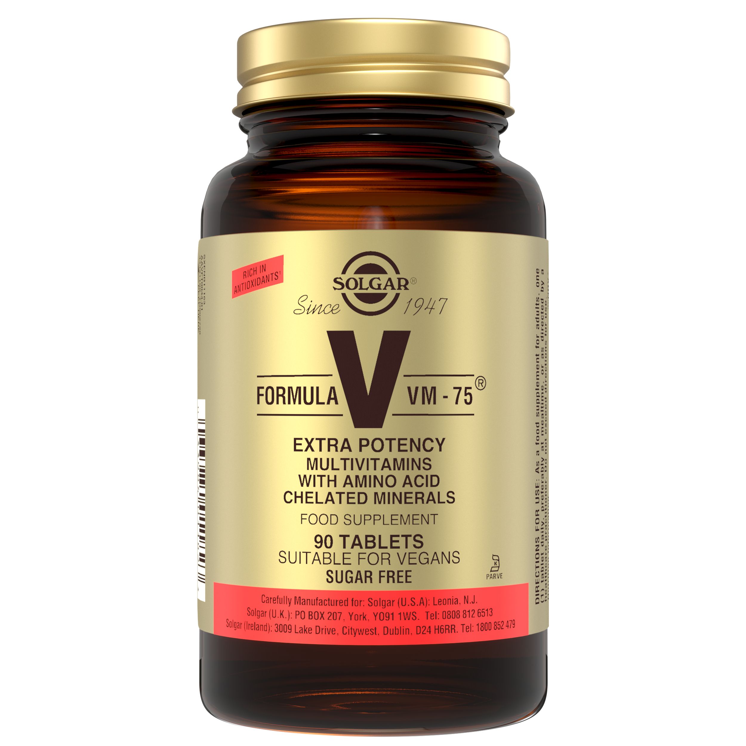 Solgar Formula V VM-75 multivitamin glass bottle with a gold lid