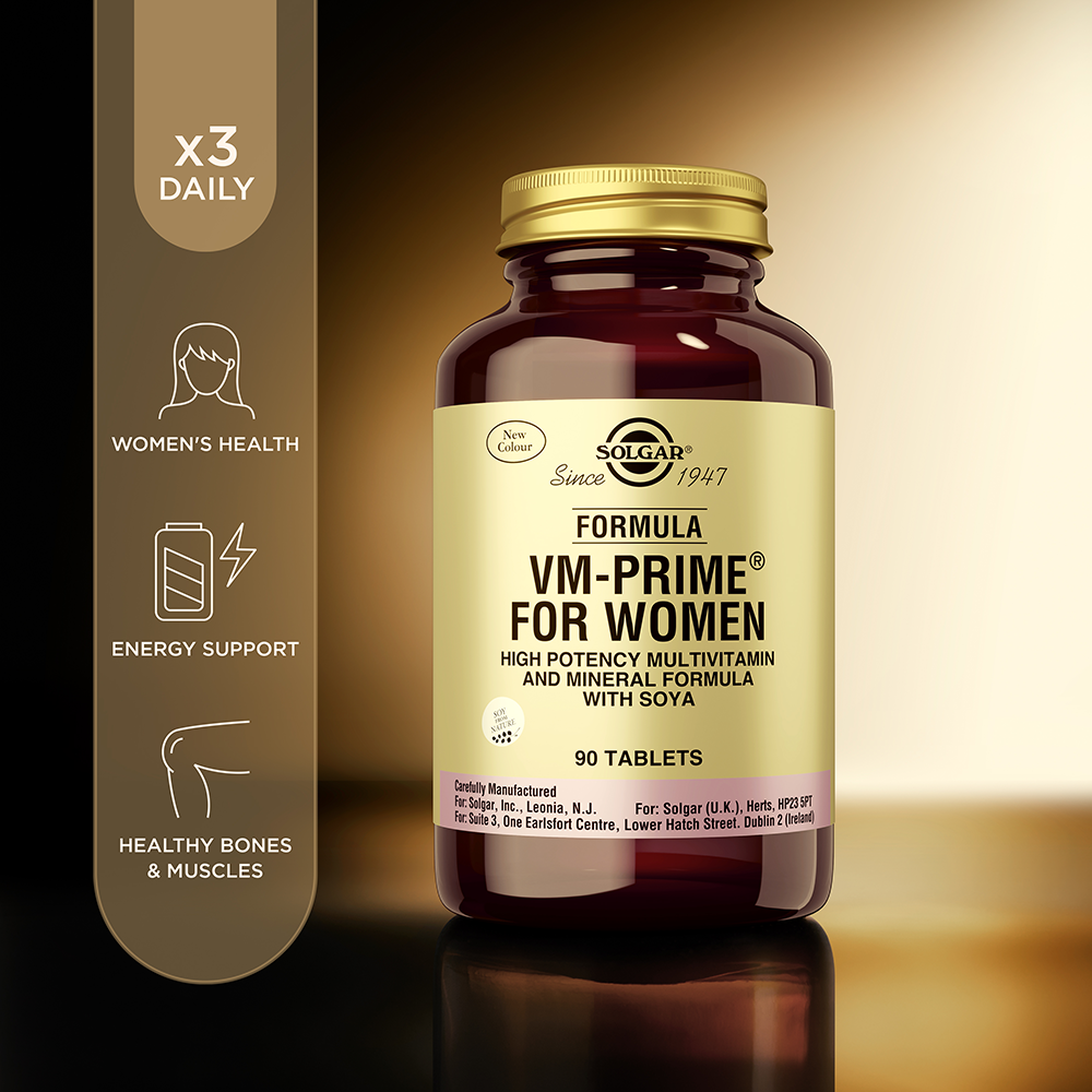 Solgar VM-Prime for Women multivitamin tablets in a glass bottle with some product information beside it