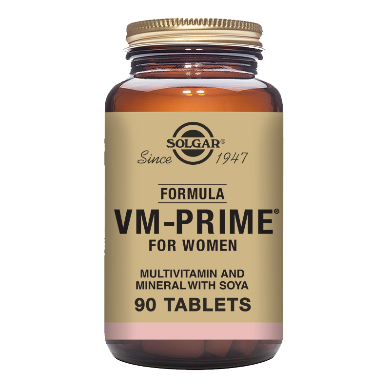 Solgar VM-Prime for Women multivitamin tablets in a glass bottle with a gold lid