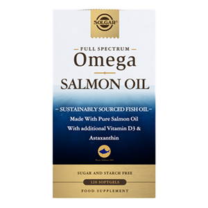 Solgar Full Spectrum Omega Salmon Oil supplements in a white and blue box
